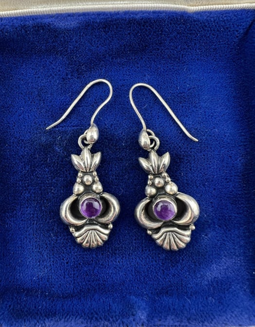 Pair Sterling Silver & Amethyst Cabochon Earrings (1 of 7)