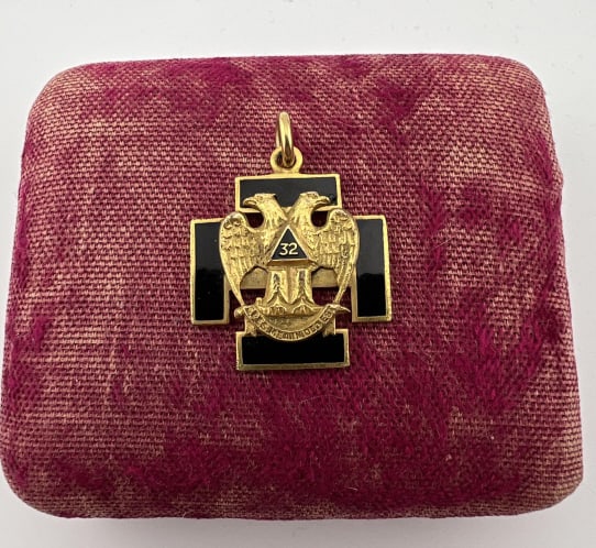 Antique 19th C Black Enamel Masonic Cross Fob: Antique 19th C Black Enamel Masonic Cross Fob. Yellow gold filled and black enamel cross necklace pendant or fob for the Mason's 32nd degree. Hallmarked W & H Co for Wightman & Hough Co. founded in 18