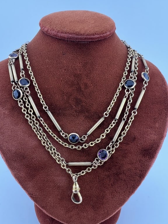 Antique Gold Fill & Amethyst Paste Necklace w Clip: Antique Gold Filled & Amethyst Paste Necklace w Dog Clip for Charms / Pendants. Chain measures 55 inches in length.