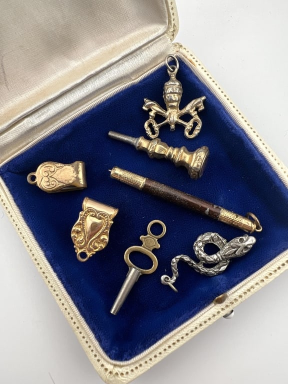 Collection Antique & Vintage Pendants & Fobs: Collection Antique & Vintage Pendants & Fobs. Including antique 19th Century gold filled. Pencil holder measure 2.25 inches in length.