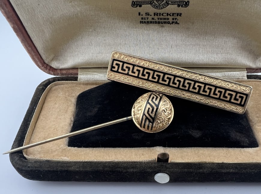 Antique 19th C Gold Filled & Enamel Greek Key Set: Antique 19th C Gold Filled & Enamel Greek Key Set. Bar brooch and stick pin. Bar brooch measures 2.5 inches, stick pin measures 2.75 inches.