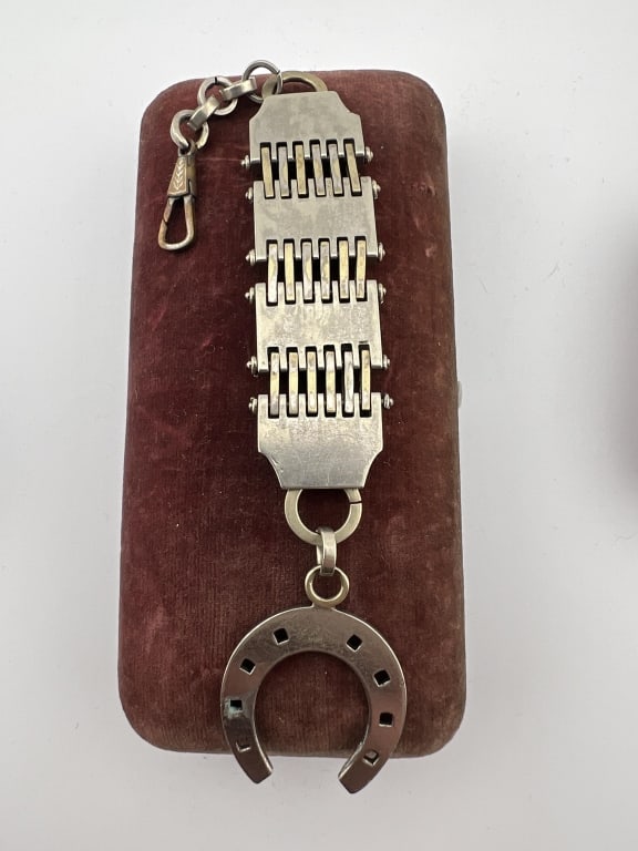 Antique 19th C Equestrian Motif Watch Fob Ribbon: Antique 19th C Equestrian Motif Watch Fob Ribbon w Dog Clip & Horse Shoe. Measures just over 6.25 inches in length.