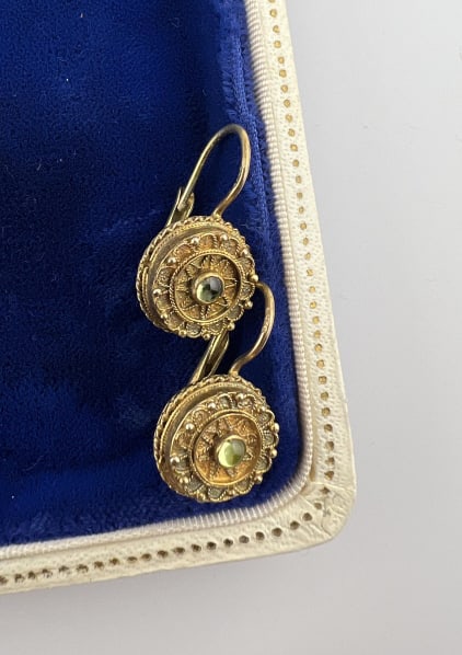 Pair Gold Over Sterling Etruscan Revival Earrings: Pair Gold Over Sterling Etruscan Revival Earrings. Having cannetille wirework details in the Etruscan Revival / Archeological Revival style. One is hallmarked on the ear wire. Measures just under 1 in