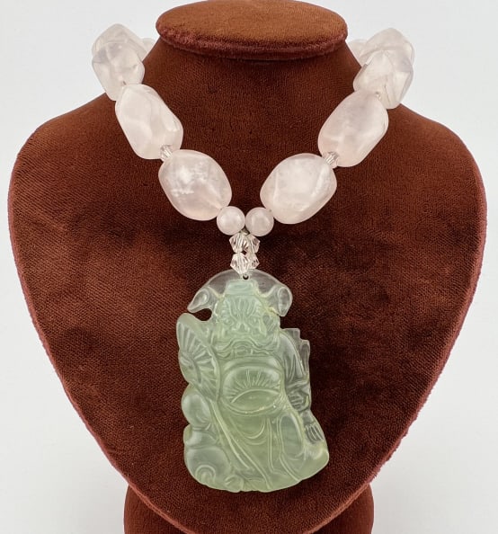 Rose Quartz Bead & Jade Pendant Chinese Necklace: Rose Quartz Bead & Jade Pendant Chinese Necklace w Toggle Clasp. Beaded necklace measures 18 inches, pendant measures 2 inches in length.