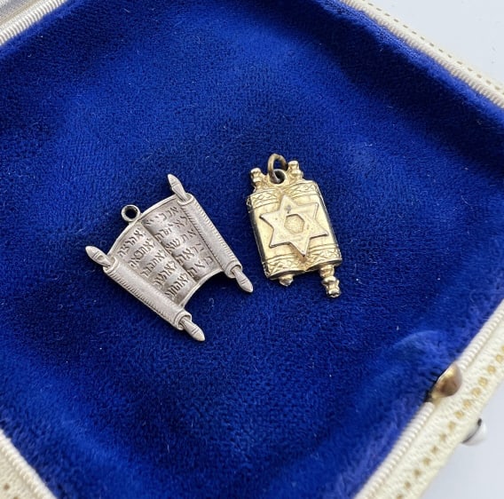Vintage Gold Filled Sterling Silver Judaica Charms: Vintage Gold Filled Sterling Silver Judaica Charms. Silver Torah scroll is hallmarked. Both under 1 inch