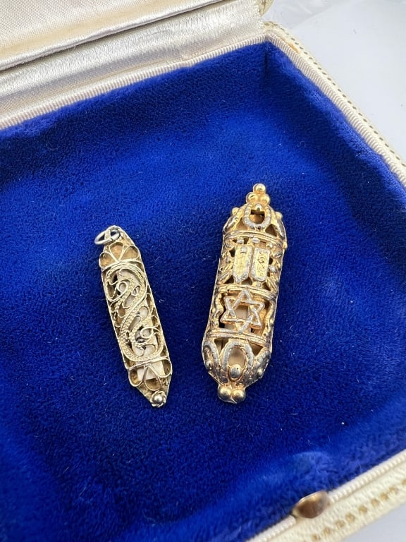 Vintage Gold Filled Sterling Silver Judaica Charms: Vintage Gold Filled Sterling Silver Judaica Charms. One is marked 950 on back for silver content. One with prayer scroll inside. Larger gold filled measures 1.5 inches in length.