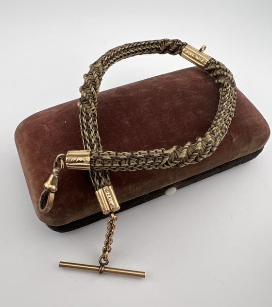 Antique 19th C Woven Hair Mourning Watch Chain: Antique 19th C Woven Hair Mourning Watch Chain or Necklace w Gold Filled Findings. Includes dog clip and T bar. Measures 13.5 inches in overall length.