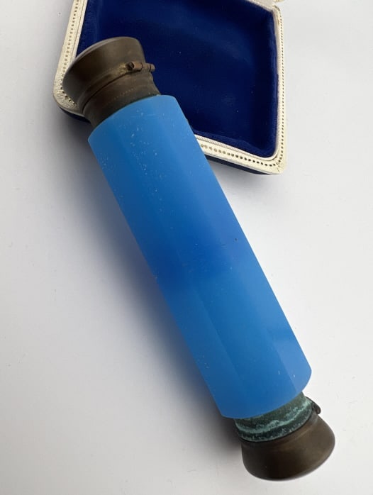 Antique Blue Opaline Glass Double Perfume Bottle: Antique Blue Opaline Glass Double Perfume Bottle. Measures 5 inches in length.
