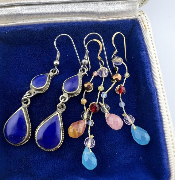 Sterling Silver - Lapis Lazuli & Gemstone Earrings: Sterling Silver - Lapis Lazuli & Gemstone / Crystal Bead Earrings. One pair with gold over sterling and set with gemstones / crystal beads other pair with polished Lapis Lazuli. These measures approxi