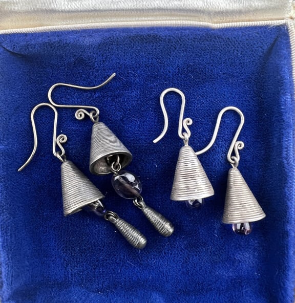 Sterling Silver Modernist Earrings w Art Glass: Sterling Silver Modernist Earrings w Art Glass Glass Drops. The drops resemble bells but do not chime. Measures approximately 1.5 and 2.25 inches in length.