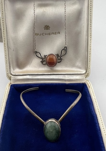 Vintage Sterling Silver Jade & Agate Jewelry: Vintage Sterling Silver Jade & Agate Jewelry. Necklace with agate cabochon and bracelet with jade cabochon. Necklace measures approximately 16.75 inches in length. Bracelet slightly adjustable in size