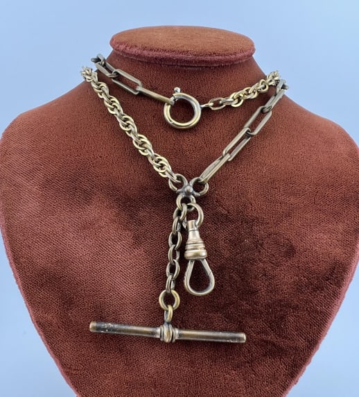Antique Gold Fill Watch Chain Necklace w Dog Clip (1 of 8)