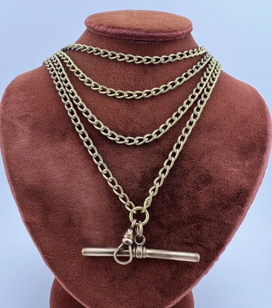 Antique Watch Chain Necklace w Dog Clip & T Bar (1 of 7)