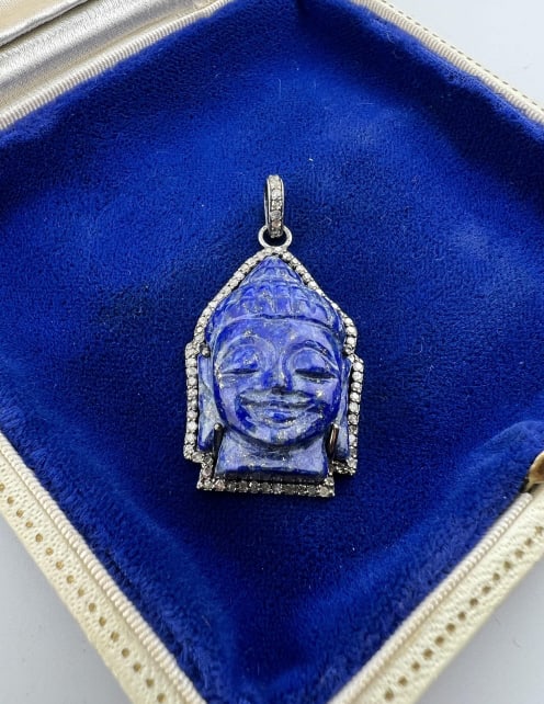 Diamond Halo Carved Lapis Lazuli Buddha Pendant (1 of 7)