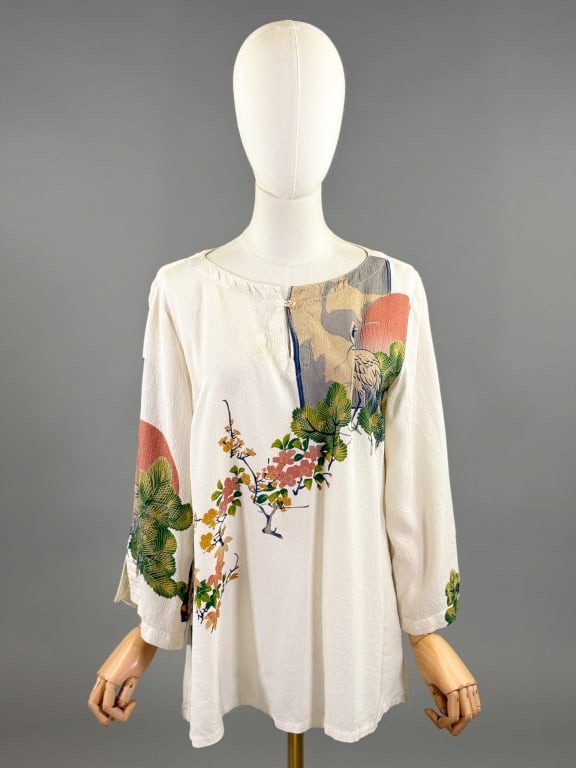 Vintage 1990s Bird Botanical Print Silk Blouse Top (1 of 9)