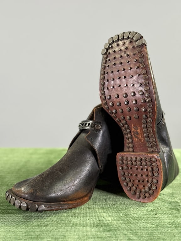 Antique Civil War Era Leather Hobnail Brogan Shoes: Antique Civil War Era Leather Hobnail Brogan Shoes having lock closure at top with lacing holes and hobnail soles. Light wear throughout consistent with age, appear virtually unworn at bottom soles. M