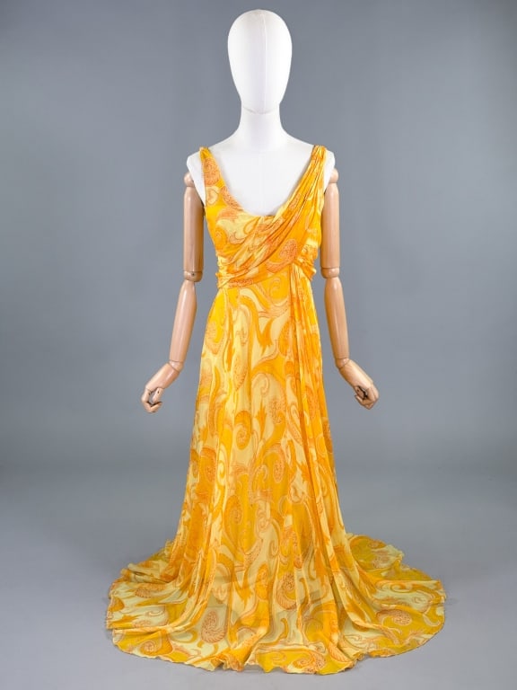 Vintage 1960s Malcolm Starr Chiffon Paisley Gown: Vintage 1960s Malcolm Starr Silk Chiffon Paisley Gown having draped details throughout with center back zip closure, fully lined. Labeled Malcom Starr New York. Measuring 34 inch bust, 26 inch waist, 