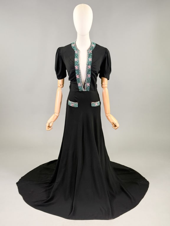 Vintage 1930s Black Crepe Beaded Evening Gown (1 of 13)