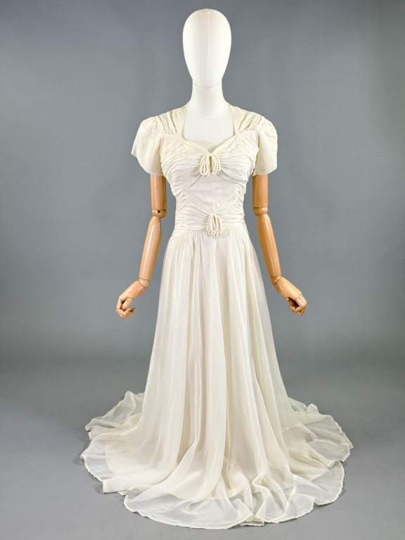 Vintage 1940s White Rayon Chiffon Ruched Gown (1 of 13)
