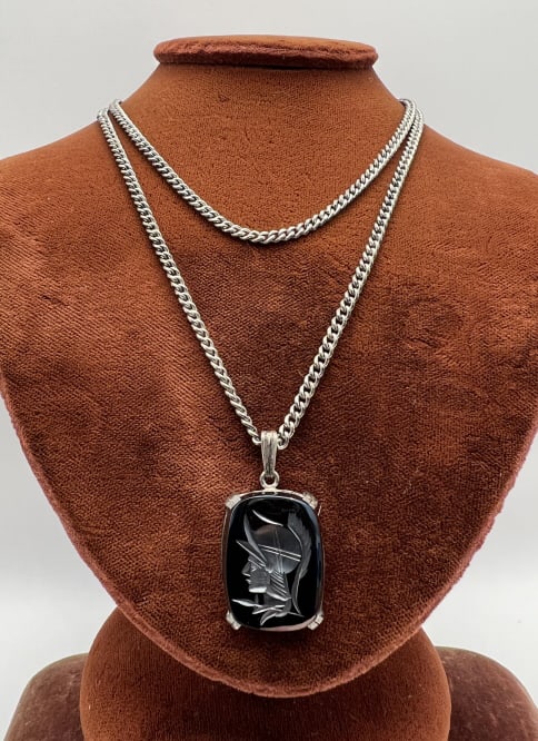 Antique Sterling Curb Link Necklace w Intaglio: Antique Sterling Silver Curb Link Necklace Chain w Carved Hematite Intaglio Necklace Pendant. Chain clasp is hallmarked. Chain measures nearly 22 inches in length, pendant measures just under 1.25 inc