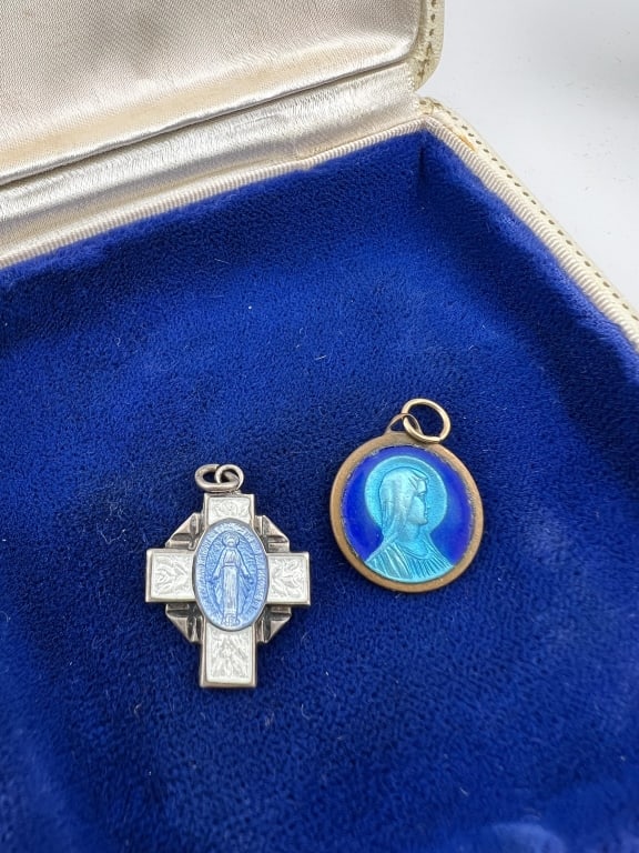 Two Antique Silver & Enamel Religious Medal Charms (1 of 7)