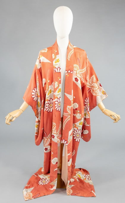 Vintage Red Silk Crepe Floral Print Kimono Robe (1 of 7)