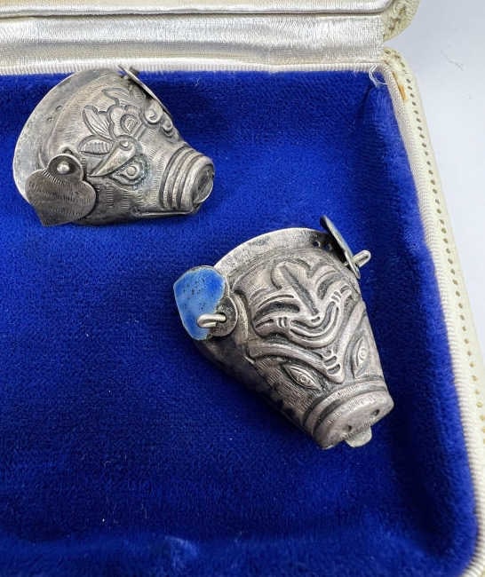 Pair Antique Chinese Silver Enamel Pig Motif Pins (1 of 6)