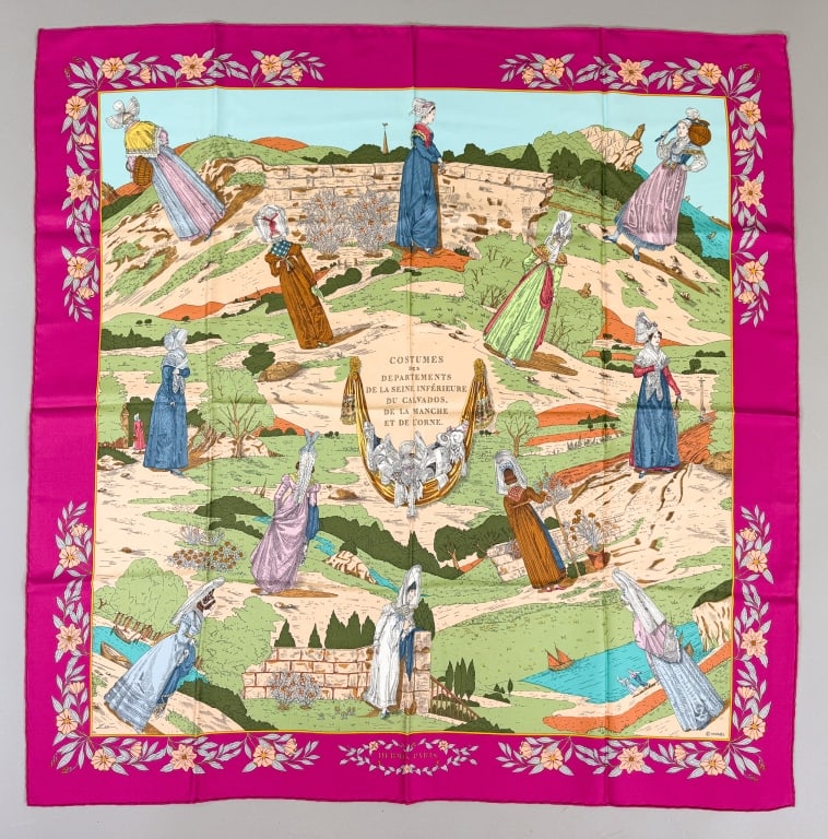 Vintage Hermes Paris Costumes Silk Carre 90 Scarf: Vintage Hermes Paris Costumes des Departements Silk Carre 90 Scarf designed by Zoe Pauwels 1989 and reissued in 1992 with hand rolled edges. Made in France - 100% Silk. Measuring approximately 35 inch