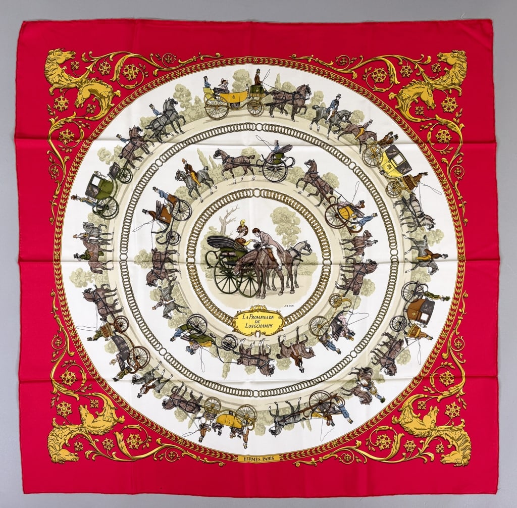 Vintage Hermes Paris Promenade Carre 90 Scarf: Vintage Hermes Paris La Promenade de Longchamps Carre 90 Scarf designed by Philippe Ledoux in 1965 with hand rolled edges. Made in France - 100% Silk. Measuring approximately 35 inches by 35 inches.