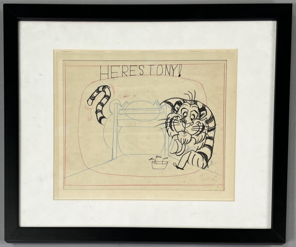 Original Tony The Tiger Kelloggs Illustration: Original Tony The Tiger Kelloggs Hand Drawn & Custom Framed Illustration. Signed? bottom right corner but faded. Measures 12 x 15 inches framed, the drawing itself inside of the mat opening is approxi