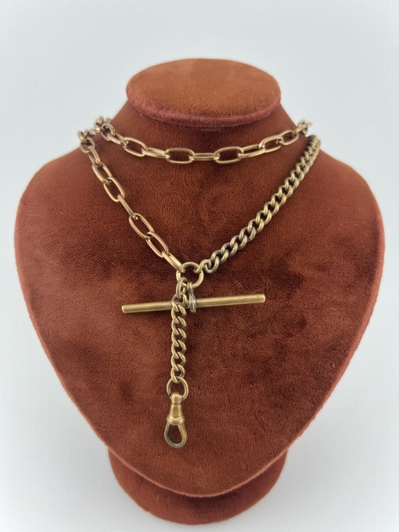 Antique 19th C Watch Chain Necklace w Dog Clip: Antique 19th C Watch Chain Necklace w Dog Clip & T Bar. Two watch chains; oval rolo link and curb link designs. Dog clip clasp and dog clip on extender for pendant / charms along with a T bar. Chains 