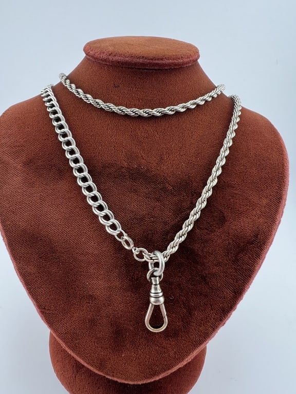 Antique Sterling Watch Chain Necklace w Dog Clip (1 of 6)