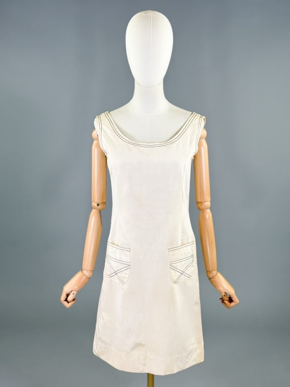 Vintage 1960s Mary Quant Moire A-Line Mod Dress: Vintage 1960s Mary Quant Moire A-Line Mod Dress having two front patch pockets with contrast stitching throughout and center back zip closure. Labeled Mary Quant - marked size 9. Measuring 34 inch bus