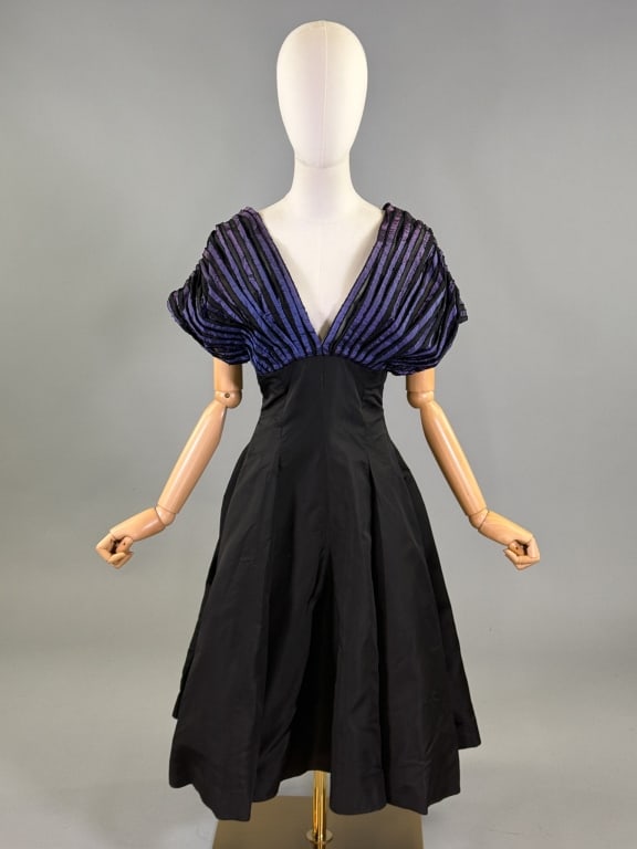 Vintage 1950s Silk Ribbon Work Cocktail Dress: Vintage 1950s Silk Ribbon Work Cocktail Dress having ribbon work bodice with fitted skirt and center back zip closure. Measuring free bust, 34 inch waist, 43 inches long. Wear as shown throughout cons