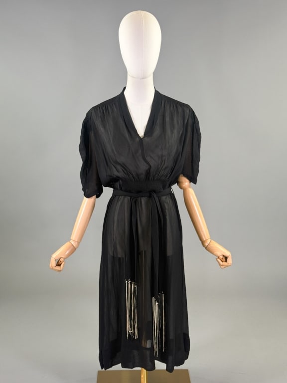 Vintage 1930s Sheer Striped Rayon Day Dress: Vintage 1930s Sheer Striped Rayon Day Dress having smocked details and side snap closure with removable fringed edge belt at waist. Measuring 36 - 44 inch bust, 34 - 38 inch waist, 43 inches long, 12 