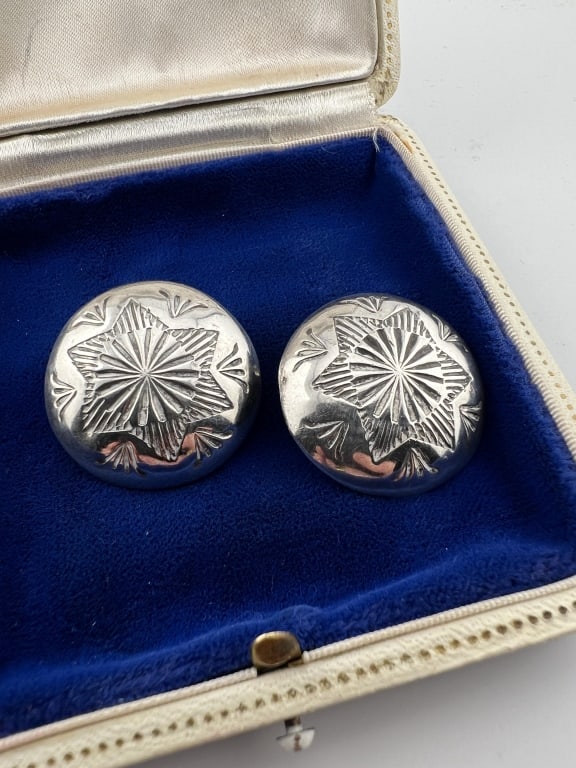 Vintage Native American Sterling Concho Earrings: Pair of Vintage Native American Sterling Concho Earrings. Each measures just over 1 inch in diameter.