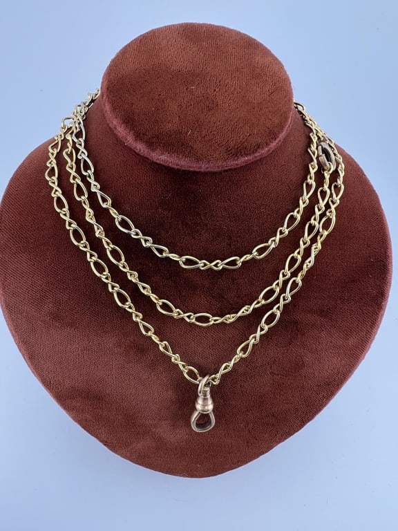 Fancy Link Necklace Chain w Gold Filled Dog Clip: Fancy Link Necklace Chain w Gold Filled Dog Clip. Ornate necklace chain design with alternating twisted links between ovals. Set with a spring ring clasp and a dog clip for pendant / charms. Chain mea