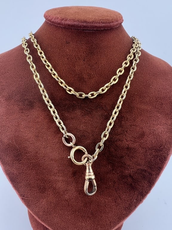 Antique 19th C Gold Filled Necklace w Dog Clasp: Antique 19th C Yellow Gold Filled Necklace Chain w Dog Clasp for Pendant & Spring Ring Clasp. Chain measures 26 inches in length.