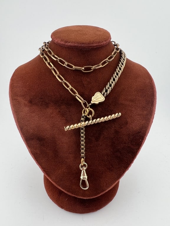 Antique Gold Fill Watch Chain Necklace w Dog Clip: Antique Gold Filled Watch Chain Necklace w Dog Clip. Made with yellow gold filled, antique 19th century elements including watch chain, extender, dog clip, spring ring clasp and rope twist motif T bar