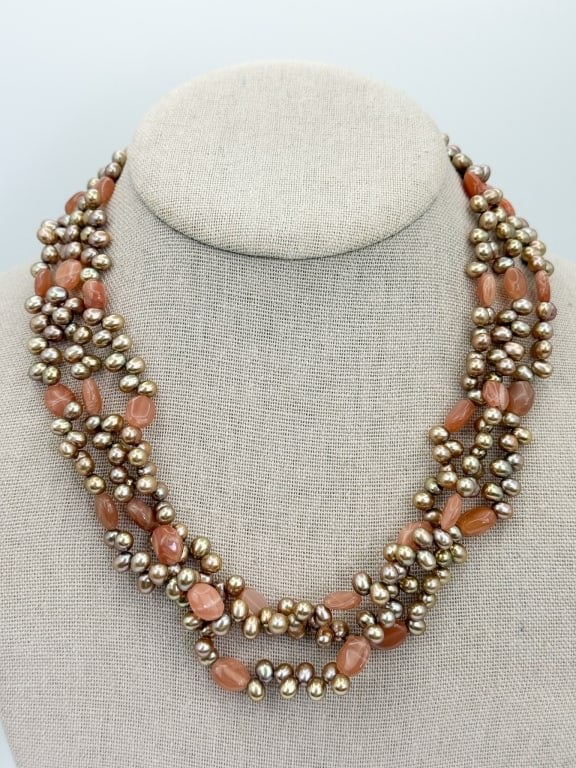 Vintage 14kt Yellow Clasp & Baroque Pearl Necklace: Vintage 14kt Yellow Clasp & Baroque Pearl Necklace. Clasp is hallmarked. Three strands. Measures approximately 17 inches in length.