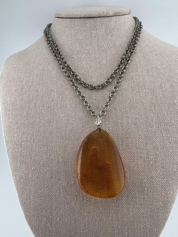 Vintage Double Rolo Link Necklace w Amber Pendant (1 of 7)