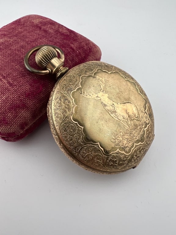 Large Antique Gold Filled Deer Motif Pocket Watch: Large Scale Antique Yellow Gold Filled Deer Motif Pocket Watch. White enamel face reads "New York Standard Watch Co" with inset second smaller face. Measures 3 inches in length.