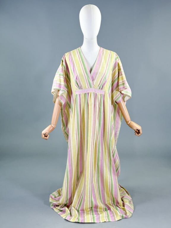Vintage 1970s Mr. B Striped Cotton Caftan Dress: Vintage 1970s Mr. B Striped Cotton Caftan Dress having stripes throughout, loose oversized fit with center back zip closure. Labeled Mr. B of California. Measuring one size fits most, approximately 55