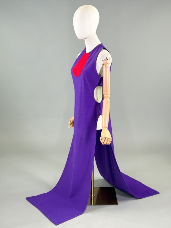 Vintage 1970s Tabard Color Block Cut Out Dress: Vintage 1970s Tabard Color Block Cut Out Dress having color block and cut outs as shown, closing at back with zip. Measuring 36 inch bust, 59 inches long. Light wear as shown throughout.
