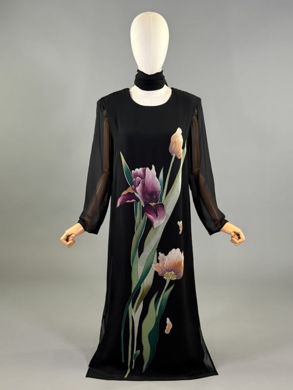 Vintage 1980s Hand Painted Silk Floral Column Gown: Vintage 1980s Hand Painted Silk Chiffon Floral Column Gown having hand painted details throughout with back neck button closure, fully lined. Measuring 40 inch bust, 40 inch waist, 50 inches long, 23 