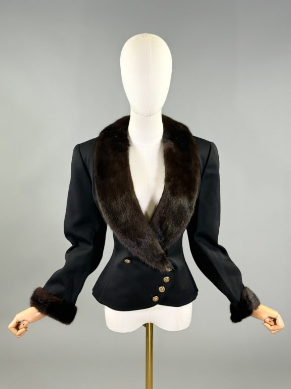 Vintage 1990s Claire Paris Mink Trim Wool Jacket: Vintage 1990s Claire Paris Mink Trim Wool Jacket having low neckline with mink collar and cuffs, buttons closed at front, fully lined. Labeled Claire Paris. Measuring 38 inch bust, 32 inch waist, 22 i