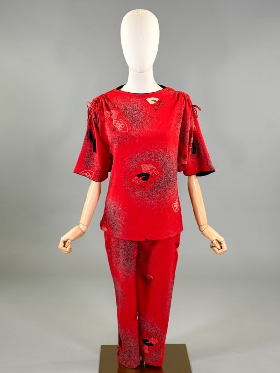 Vintage Crepe Fan Print Kimono Style Lounge Set (1 of 7)