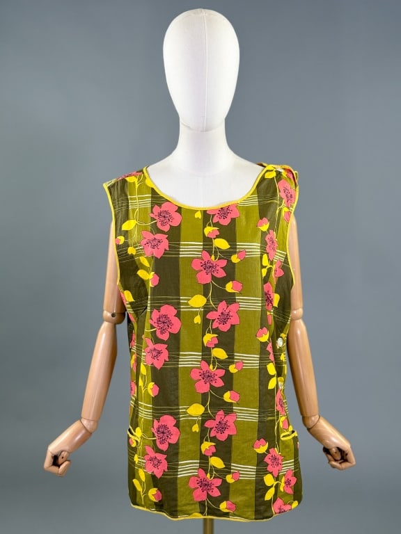 Vintage 1960s Floral Stripe Cotton Smock Apron Top: Vintage 1960s Floral Stripe Cotton Smock Apron Top having shoulder and side button closures with two front welt pockets. Labeled A Venus Creation - marked size Large. Measuring 44 inch bust, 28 inches