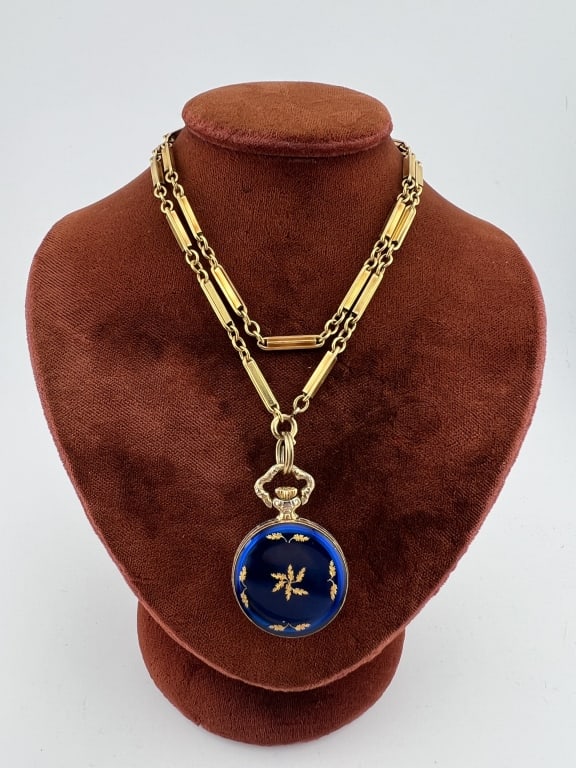 Antique Gold Filled Watch Chain w Pocket Watch: Antique Yellow Gold Filled Watch Chain Necklace w Enamel Pocket Watch Pendant. Chain measures 20 inches in length. Pocket watch measures 1.25 inches in length.