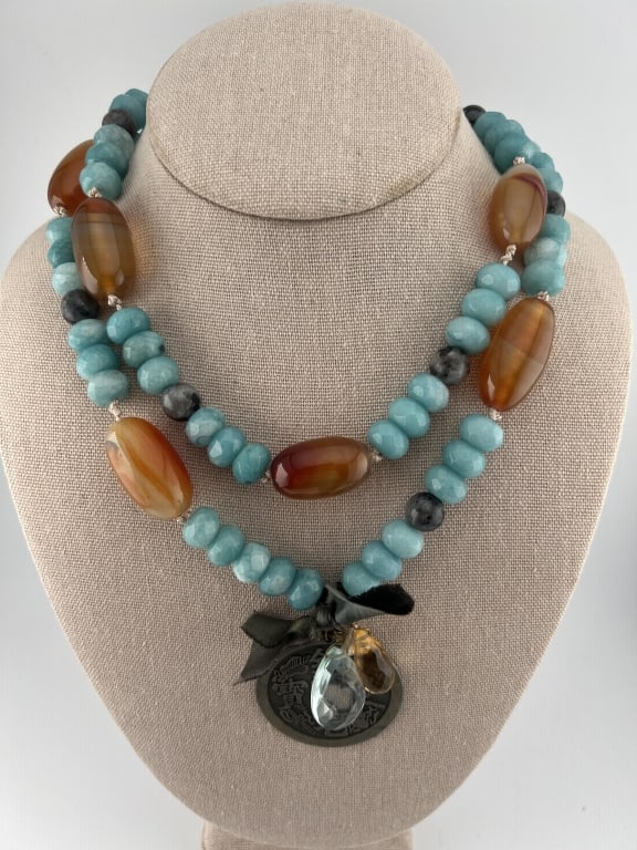 Unique Necklace w Large Agate Beads & Citrine: Unique Necklace w Large Agate Beads & Citrine Briolette Faceted Pendant. Set with carved round labradorite bead accents. Measures 35 inches in length. Features a Chinese coin charm.